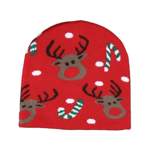 Reindeer Candy Cane Knit Beanie Hat - Picture 1 of 5